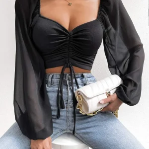 Drawstring Front Sheer Sleeve Crop T-Shirt Women Plunge Neck Long Sleeve Ribb-knit Ruched Blouse Sexy Top Spring Summer Outfit