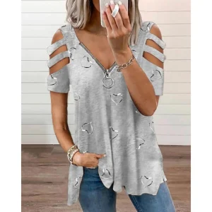 2024 Summer Women's V-Neck Zipper Printed Short Sleeve Tops Loose T-Shirts