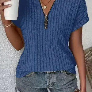 Women's Zipper Stripe Short Sleeve Hooded T-Shirt 2025 Fashion Casual Top for Ladies