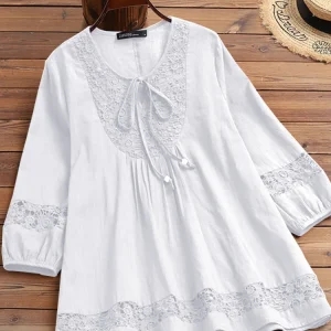 Womens Lace Patchwork Blouses ZANZEA 2025 Summer Bohemian Casual 3/4 Sleeves Blusas Shirts Casual Hollow Out Tunic Tops Beach