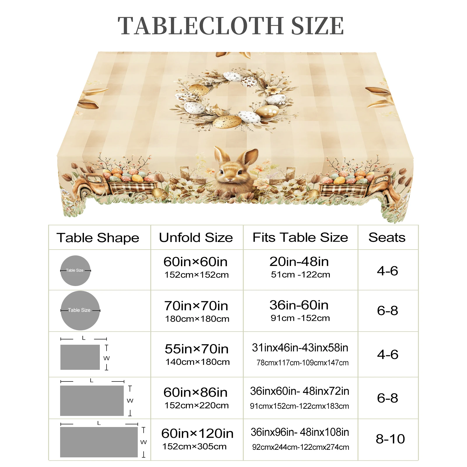 1 Piece of Easter Round Tablecloth, Available in 5 Sizes, Featuring Cute Bunny and Baby Chick Designs Paired with Painted Eggs, Plaid Truck Full of Spring Bouquets and Wreaths Wrapped Around Gilded Egg Decorations, Round Printed Tablecloth with Embossed Edges, Easter Spring Garden Tablecloth Decorat - الصورة 6