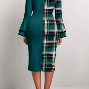 Women's Dress Plaid Patchwork Green Round Neck Tight Dress, No Belt
