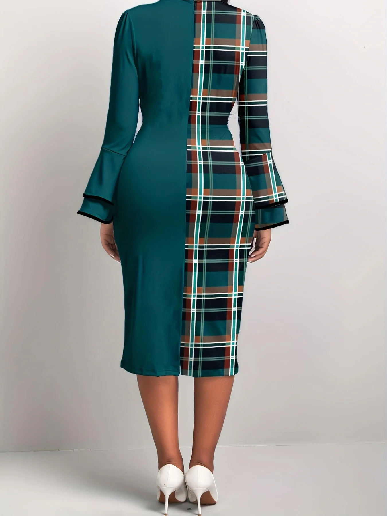 Women's Dress Plaid Patchwork Green Round Neck Tight Dress, No Belt - Image 2
