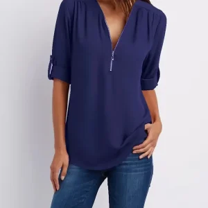 2025 Hot Sale Women Cool Loose Shirt Deep V Neck Chiffon Fashion Blouse Casual Ladies Tops Sexy Zipper Pullover Plus Size