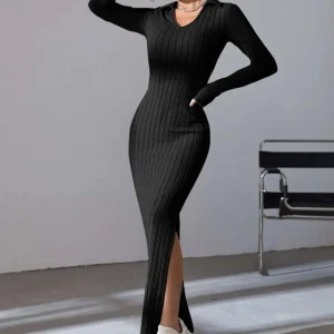 Spring and summer 2024 new style knitted slim lapel long sleeve dress pit strip solid color tight skirt