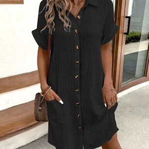 Vintage Women Solid Mini Dress Summer Fashion V-neck Three Quater Sleeve Cotton Linen Dress Ladies Casual Holiday Vestidos