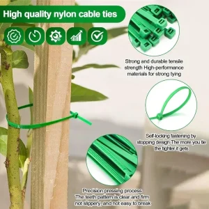 300/50PCS Self-locking Plastic Nylon Tie Green Cable Tie Fastening Ring Sealing Wraps Strap for Home Garden Plant Fasten Tools