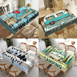 Happy Camper Retro Camping Tablecloth Vintage Camper Van & Hearts Wood Design Durable Table Cover for Indoor Outdoor Use