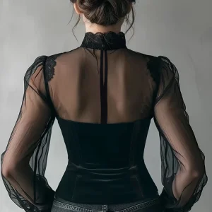 Women's Spring/Fall 2026 New Arrival Elegant Lace-Panel Cutout Bell-Sleeve Tie-Waist Top Everyday Lace-Panel Design