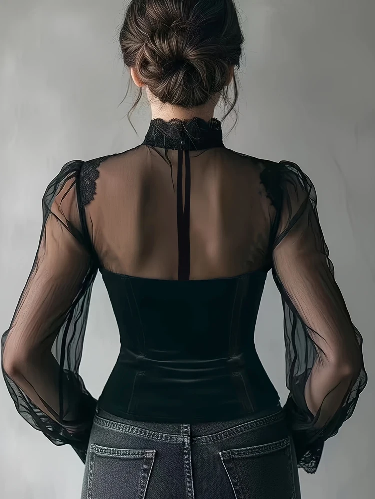Women's Spring/Fall 2026 New Arrival Elegant Lace-Panel Cutout Bell-Sleeve Tie-Waist Top Everyday Lace-Panel Design - Image 2