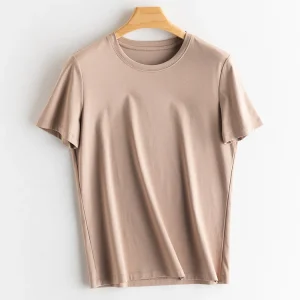 SuyaDream Women Solid T shirts, Silk Cotton Blend, O Neck, Short Sleeved Solid Tee,2025 Summer Candy Colors Basic Cozy Top Green
