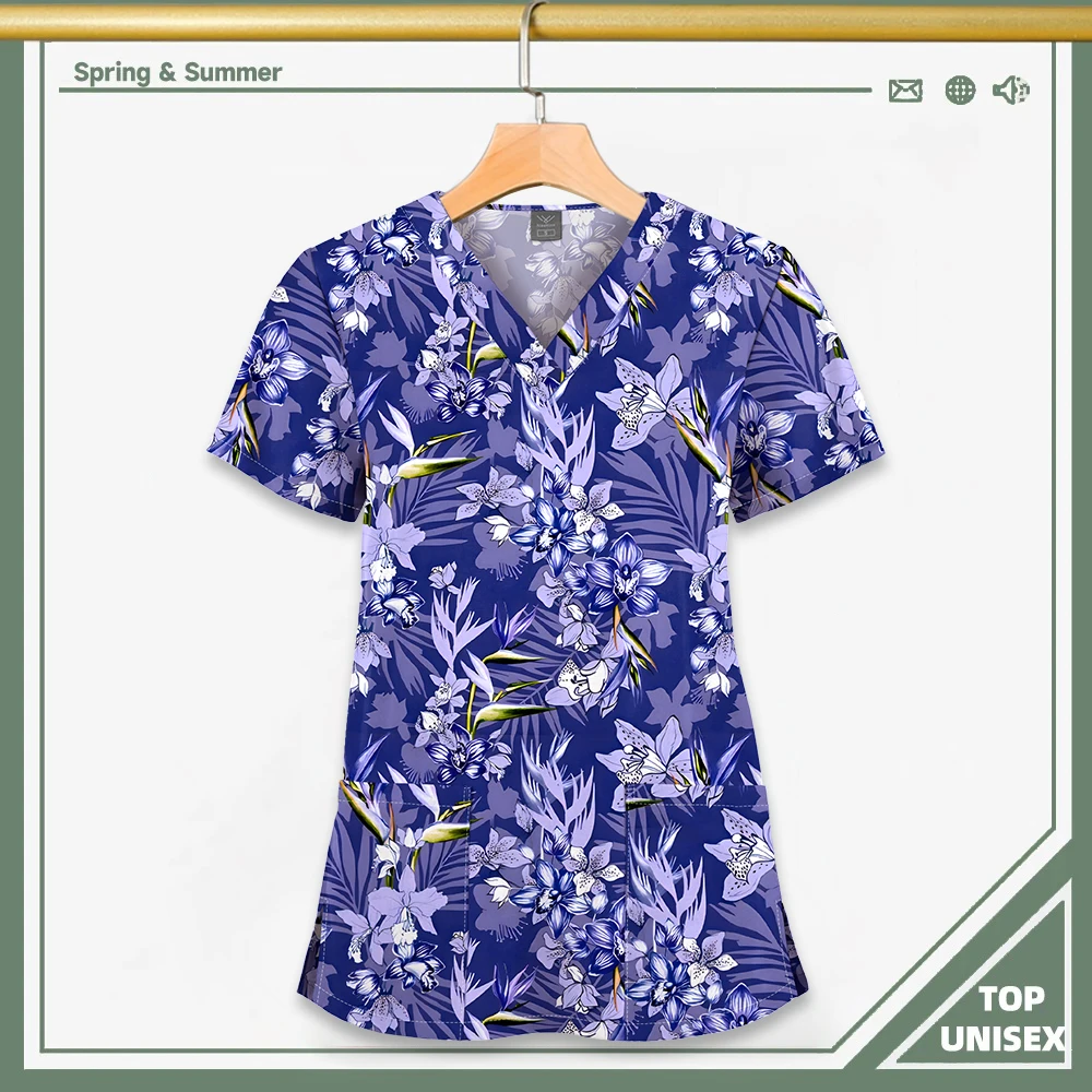 Surgical Uniform Printing Holiday Beautiful Shirt V-neck Style Pocket Design Blouse Surgical Top Woman Men Nurse Medical Uniform - الصورة 33