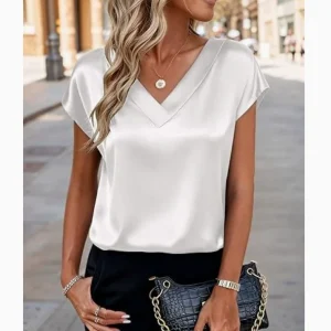 New Summer Women Fashion Blouses Casual Solid Elegant Ladies V-Neck Short Sleeve Shirts Trendy Simple Loose Woman Satin Top
