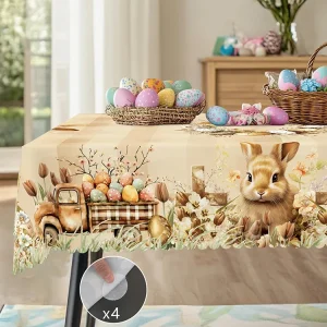 1 Piece of Easter Round Tablecloth, Available in 5 Sizes, Featuring Cute Bunny and Baby Chick Designs Paired with Painted Eggs, Plaid Truck Full of Spring Bouquets and Wreaths Wrapped Around Gilded Egg Decorations, Round Printed Tablecloth with Embossed Edges, Easter Spring Garden Tablecloth Decorat