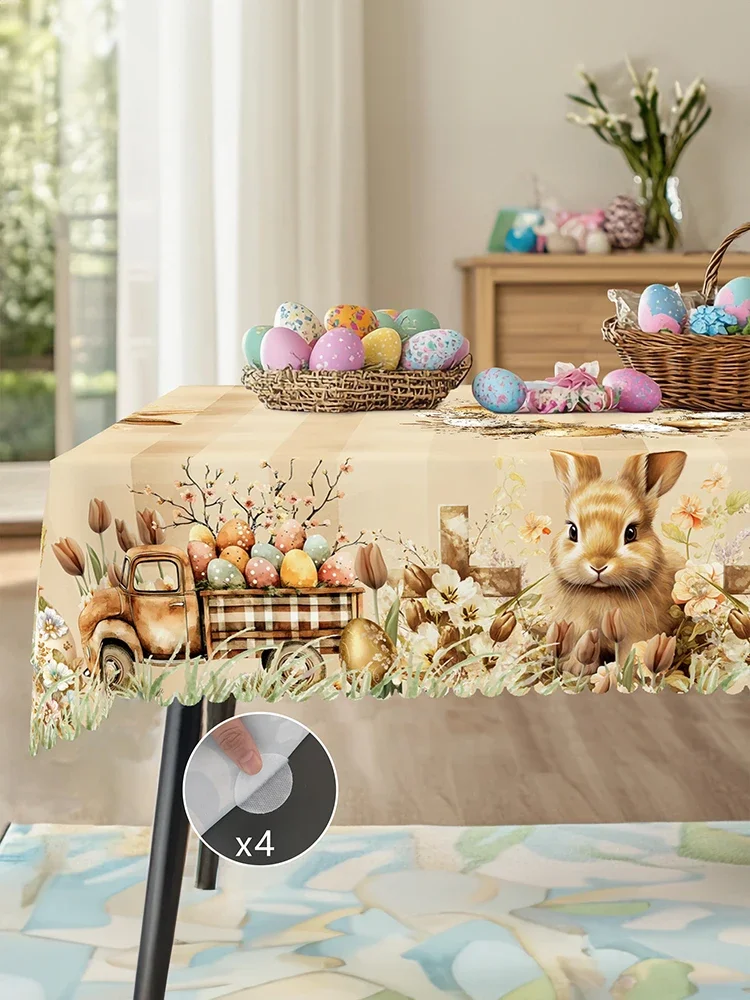 1 Piece of Easter Round Tablecloth, Available in 5 Sizes, Featuring Cute Bunny and Baby Chick Designs Paired with Painted Eggs, Plaid Truck Full of Spring Bouquets and Wreaths Wrapped Around Gilded Egg Decorations, Round Printed Tablecloth with Embossed Edges, Easter Spring Garden Tablecloth Decorat - الصورة 7