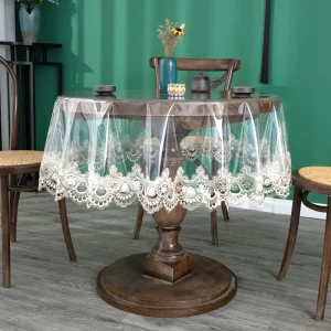 PVC Transparent Embroidered Lace Tablecloth with Drooping Soft Tablecloth Household Round Table TableclothTable Cloth Waterproof