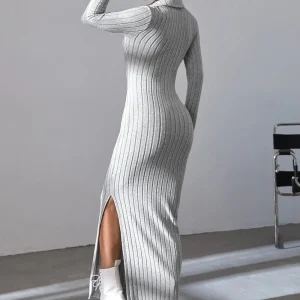 Spring and summer 2024 new style knitted slim lapel long sleeve dress pit strip solid color tight skirt