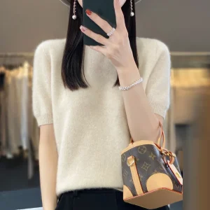 First-line ready-to-wear 100% Merino wool knitted short-sleeved women's loose solid color slim commuter five-point cuff T-shirt