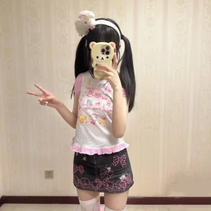 Japanese Girl Woman Clothing Cute Printed Short T-shirts Female Summer Colorful Short Tops Kawaii Pulover Youthful y2k Clothes
