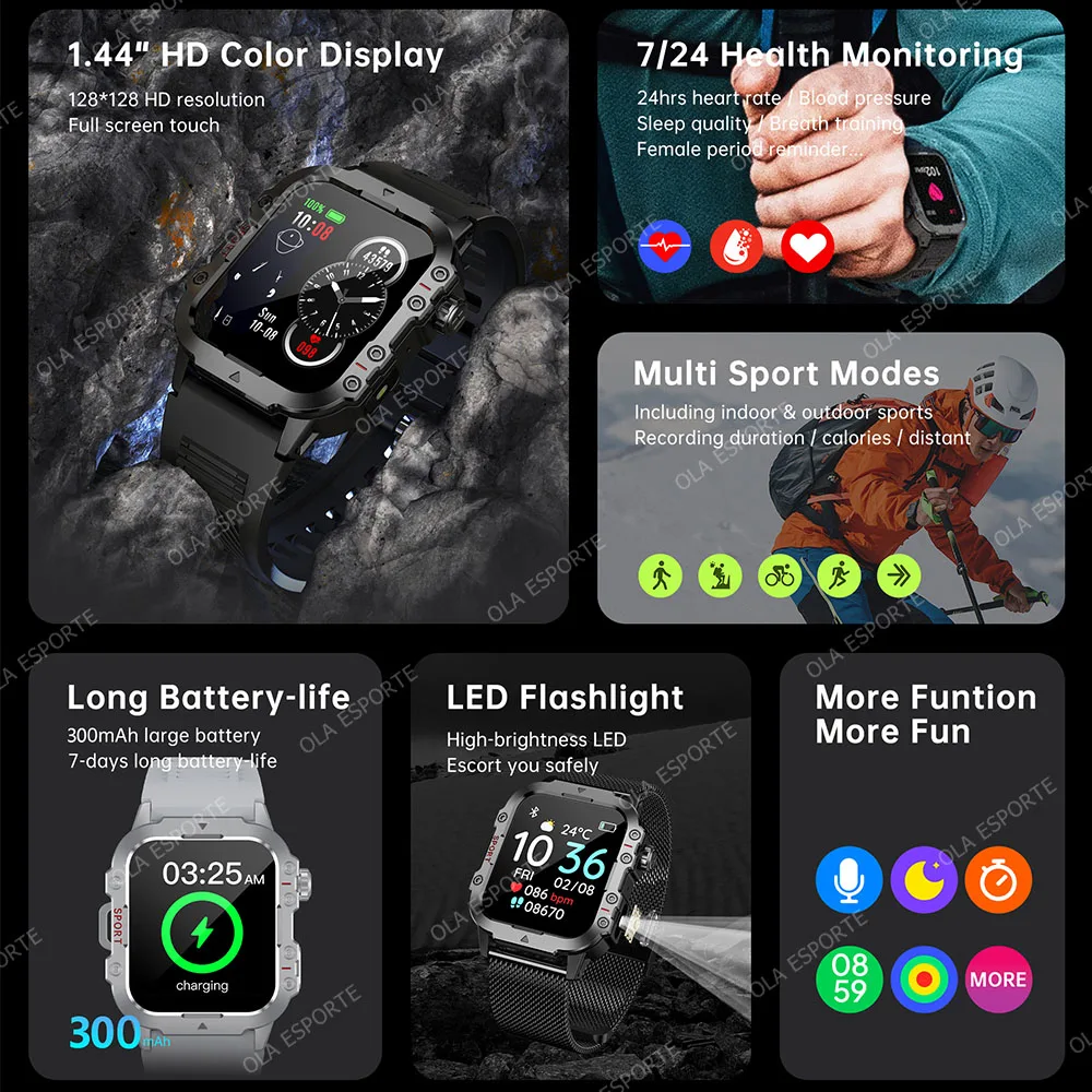 New Men's Smart Watch LED Flashlight Outdoor Sports Smart Watch Wristwatch Health Monitoring 1.44Inch Bluetooth Call Smart Watch - Image 2