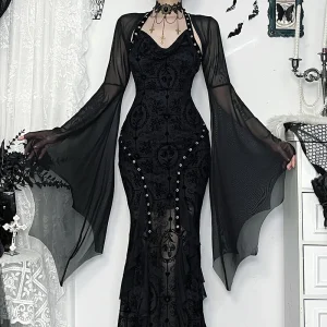 Halloween Gothic Mesh Smock Women Vintage Streetwear Witch See Through Bat Sleeve Crop Blouse Sexy Cosplay Clothes Femme