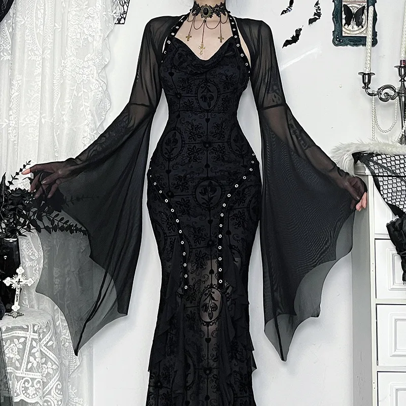 Halloween Gothic Mesh Smock Women Vintage Streetwear Witch See Through Bat Sleeve Crop Blouse Sexy Cosplay Clothes Femme