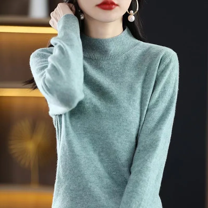 Half High Solid Color Cashmere Sweater For Women Loose Pullover Autumn and Winter Contracted Commuter Basic Knitwear Top Base - الصورة 9