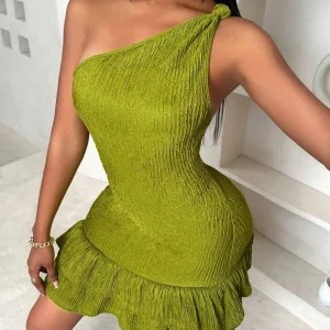 Women's Summer Solid Color One-Shoulder Ruched Hem Slim Fit Elegant Dress
