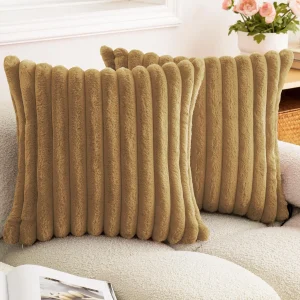 Faux Rabbit Fur Square Cushion Cover Big Thick Striped Super Soft Solid Color Pillow Cover 24×24inch Sofa Decor Cushion Covers