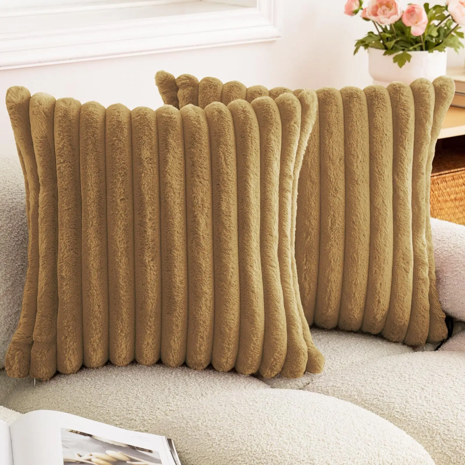 Faux Rabbit Fur Square Cushion Cover Big Thick Striped Super Soft Solid Color Pillow Cover 24×24inch Sofa Decor Cushion Covers - الصورة 8