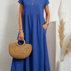 Women Vintage Solid Dress 2023 Summer Elegant O Neck Short Sleeve Cotton Linen Dresses Female Casual Loose Sundress Long Dress