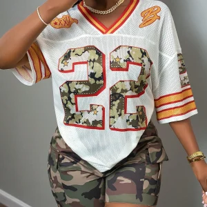 2025 Summer Women's 22nd Fashion Y2K Breathable Quick Drying T-shirt Camo Printed Loose Music Festival Party Comfortable Shirt