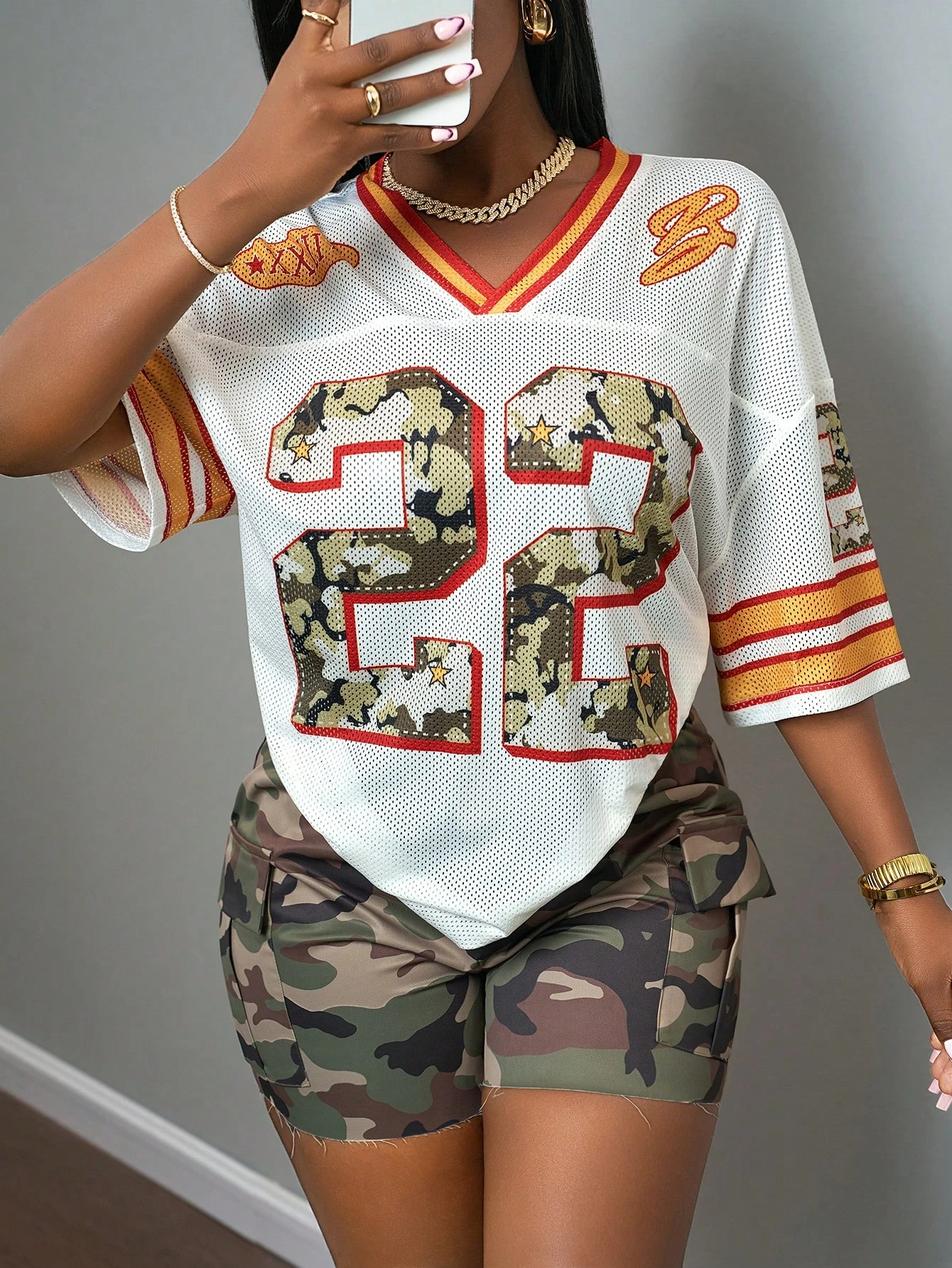 2025 Summer Women's 22nd Fashion Y2K Breathable Quick Drying T-shirt Camo Printed Loose Music Festival Party Comfortable Shirt