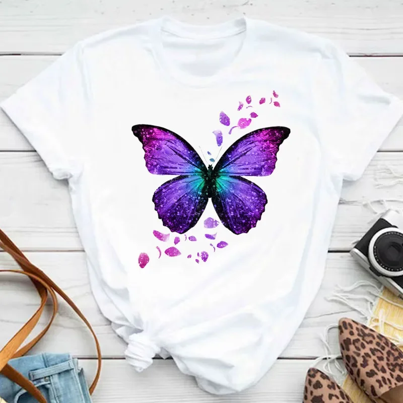 New Fashion Women T-shirt Colorful Butterfly Petal Print Short Sleeve and Round Neck Cute Graphic Tee Shirts Female Tops Clothin - Image 3