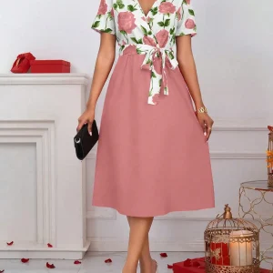 Women's Floral Print V-Neck Tie Waist Midi Dress - Rose Patchwork A-Line Short Sleeve Dress for Casual, Vacation & Wedding Guest
