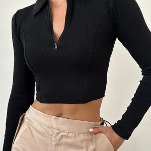 Women's T-shirt Autumn New Black Long Sleeves Crop Top Casual Fashion Zippers T-shirt Lady Turn-down Collar Sexy Tops Clothing
