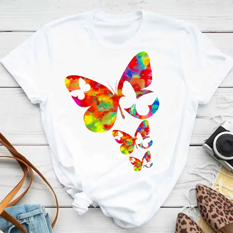 New Fashion Women T-shirt Colorful Butterfly Petal Print Short Sleeve and Round Neck Cute Graphic Tee Shirts Female Tops Clothin - Image 21