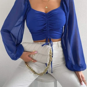 Drawstring Front Sheer Sleeve Crop T-Shirt Women Plunge Neck Long Sleeve Ribb-knit Ruched Blouse Sexy Top Spring Summer Outfit
