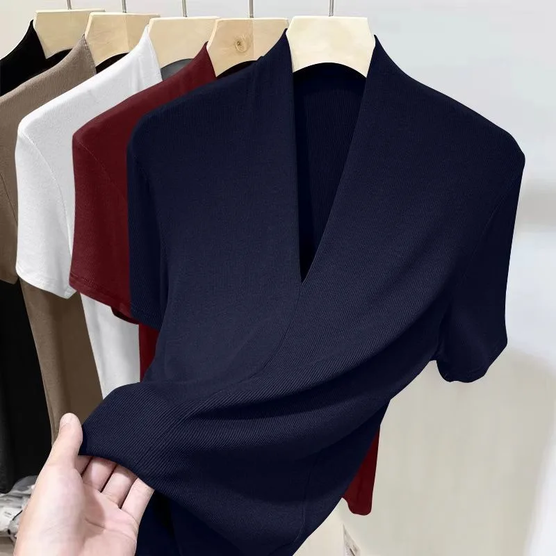 Threaded New Short Sleeved Top for Women Summer Fashion Versatile Base Shirt Plus Size Slim Fit V-neck T-shirt Casual and Sexy - الصورة 5