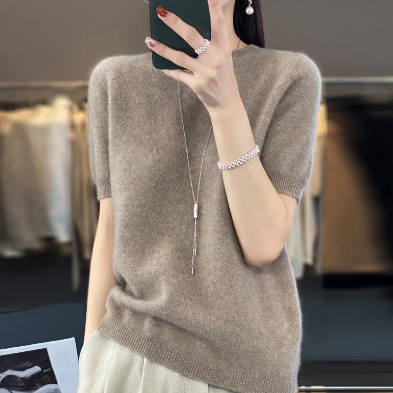 First-line ready-to-wear 100% Merino wool knitted short-sleeved women's loose solid color slim commuter five-point cuff T-shirt - الصورة 6