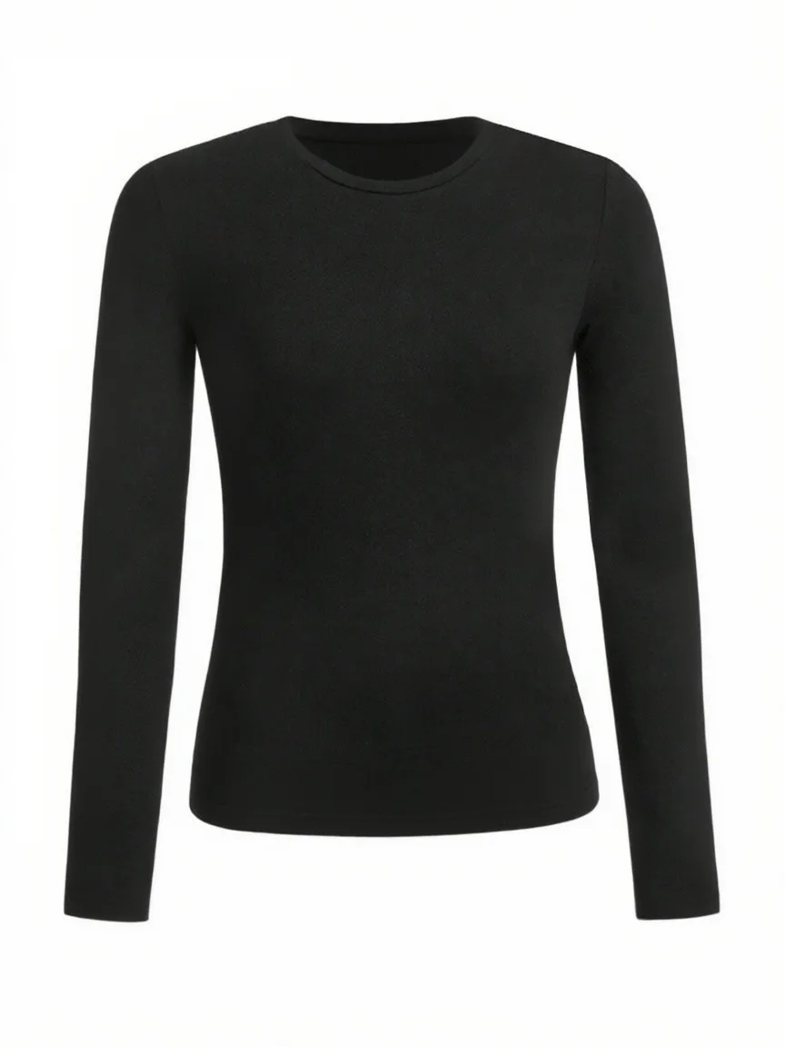 Women's solid-color long-sleeved T-shirt - Polyester knitted fabric, round neck, regular fit, fall-winter style - الصورة 7