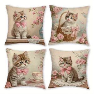 Adorable Kitten-Printed Pillowcases with Pink Bows and Floral Patterns Sofa cushion cover home room decoration 2D flat printing