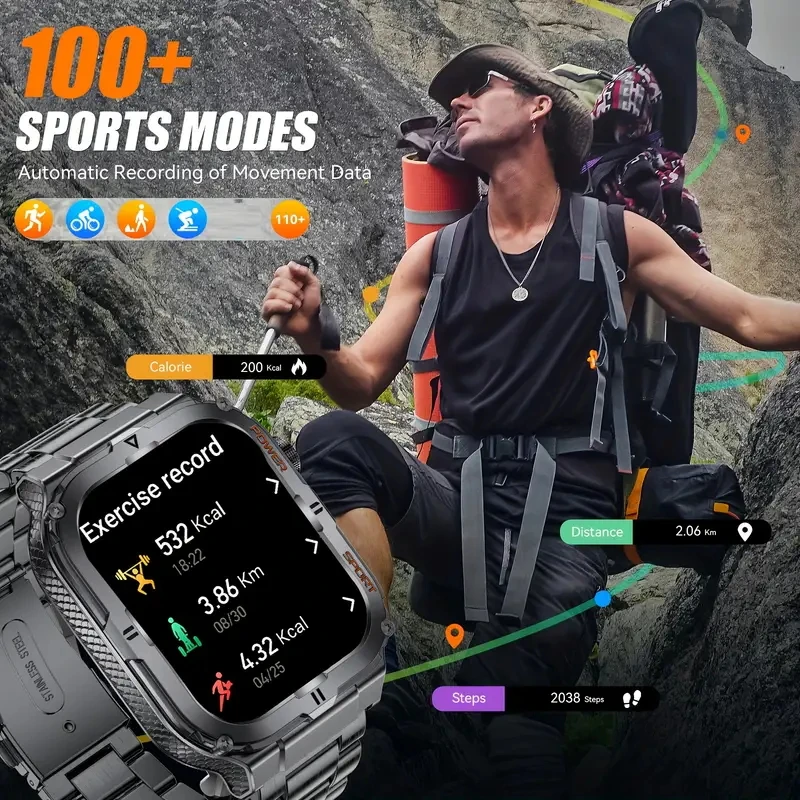 2026 New Men's Smart Watch LED Flashlight IP68 Waterproof Outdoor Sports Wristwatch Health Monitor Smart Watch for IOS Android - الصورة 6