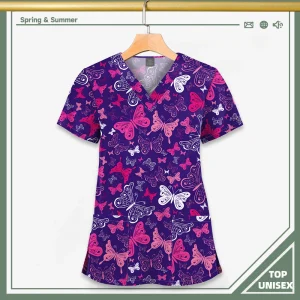 Surgical Uniform Printing Holiday Beautiful Shirt V-neck Style Pocket Design Blouse Surgical Top Woman Men Nurse Medical Uniform