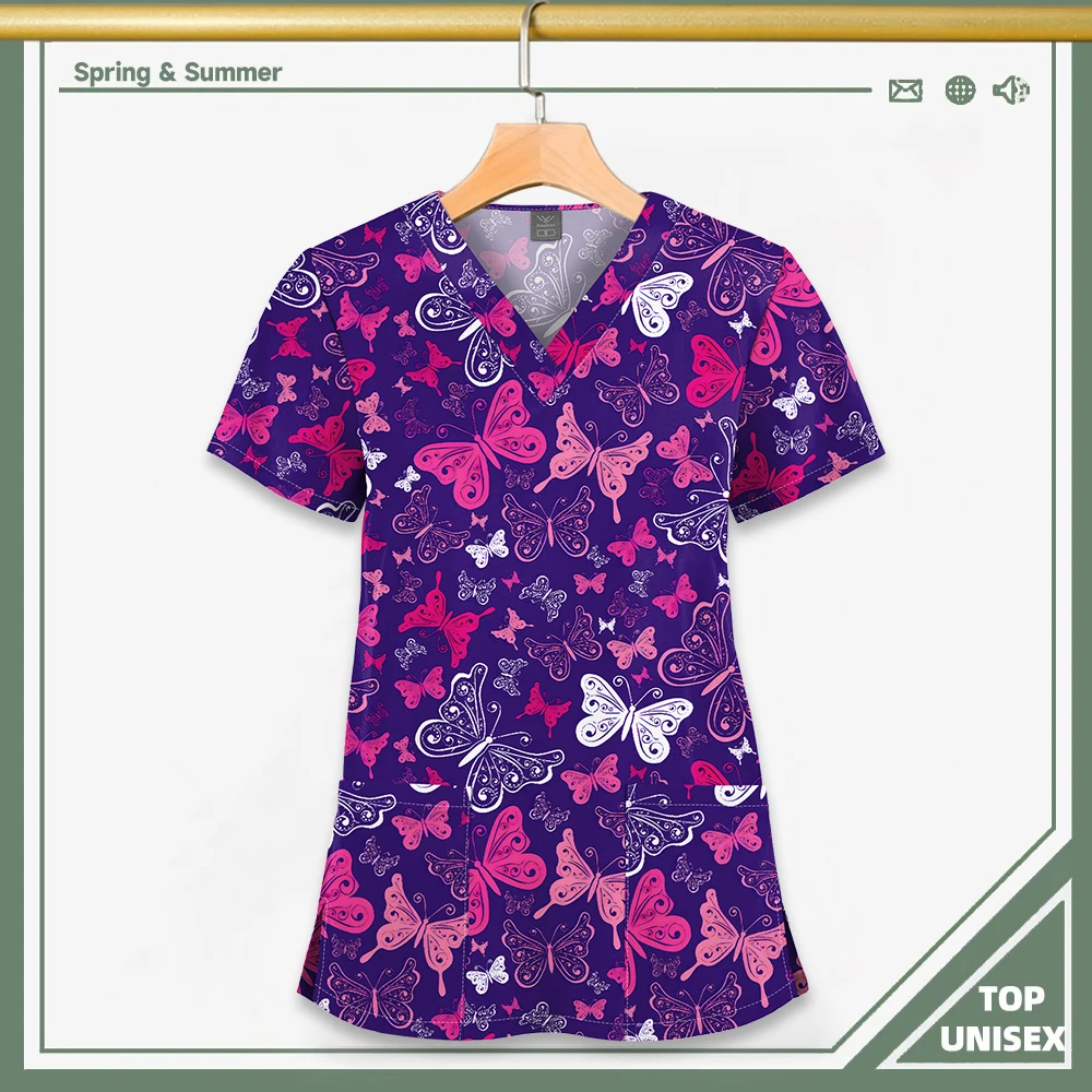 Surgical Uniform Printing Holiday Beautiful Shirt V-neck Style Pocket Design Blouse Surgical Top Woman Men Nurse Medical Uniform - الصورة 26