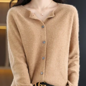 2024 New Chic Women's Basic O-neck Cardigan 100% Merino Wool Sweater Soft Grace Knitwear CoatSpring Autumn Female Clothes Tops