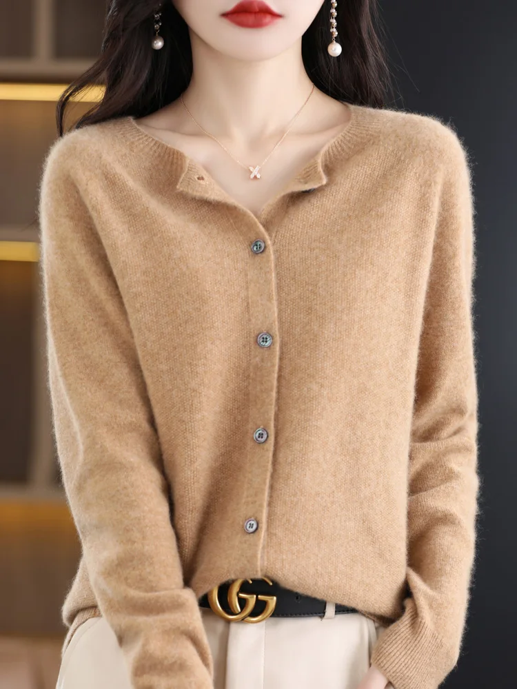 2024 New Chic Women's Basic O-neck Cardigan 100% Merino Wool Sweater Soft Grace Knitwear CoatSpring Autumn Female Clothes Tops - الصورة 9