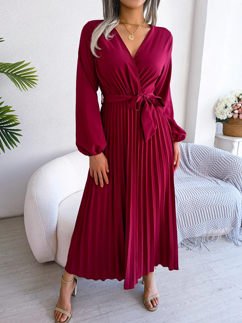 Women Elegant V Neck Long Sleeve Pleated Maxi Dress - Image 10