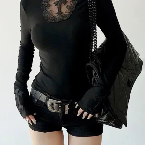 Turtleneck Top Y2k Clothes Black Gothic Cross Hollow Slimming Bottom T Shirt for Women Long Sleeve Sexy T-shirt Girls Tops