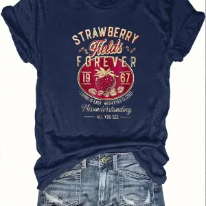 Harajuku Strawberry Fields Forever Letter Print Women T Shirt Short Sleeve Crew Neck Summer Casual Top for Women Clothes Shirts